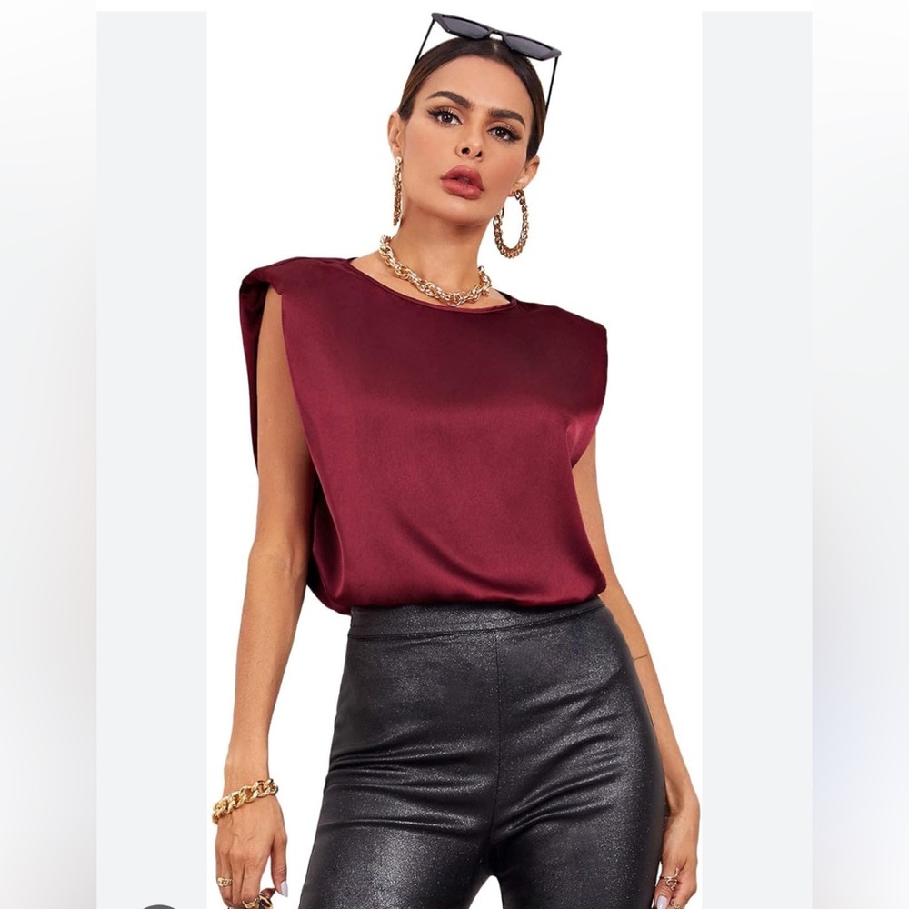 Elegant Burgundy & Black Satin Sleeveless Top bundle (2 tops)